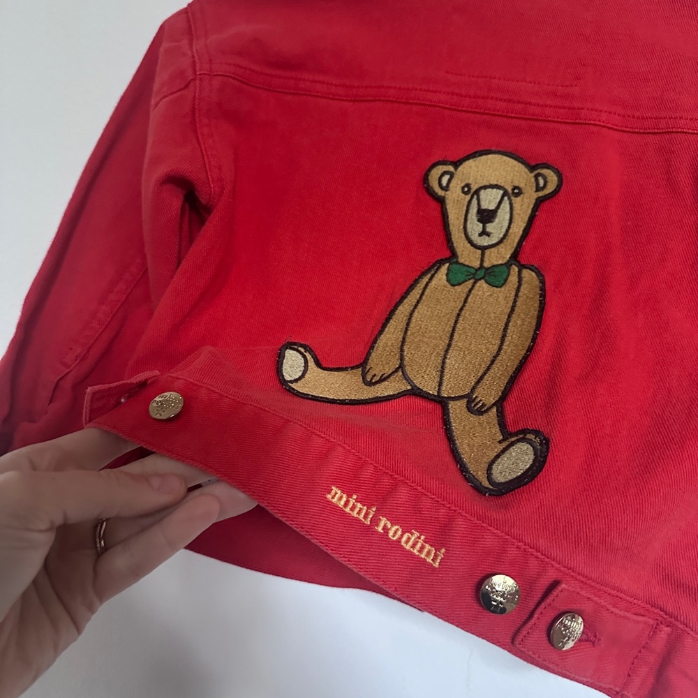 Mini Rodini 4-5T Red Jean Jacket with Signature Bear Patch EUC